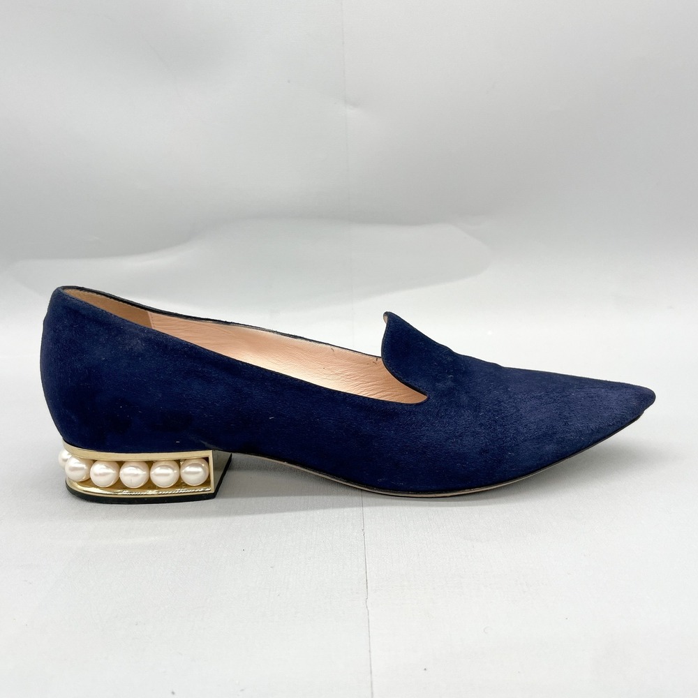 Nicholas Kirkwood Womens‎ 38.5 8.5 Navy Suede Pearl Embellished Loafers Heels